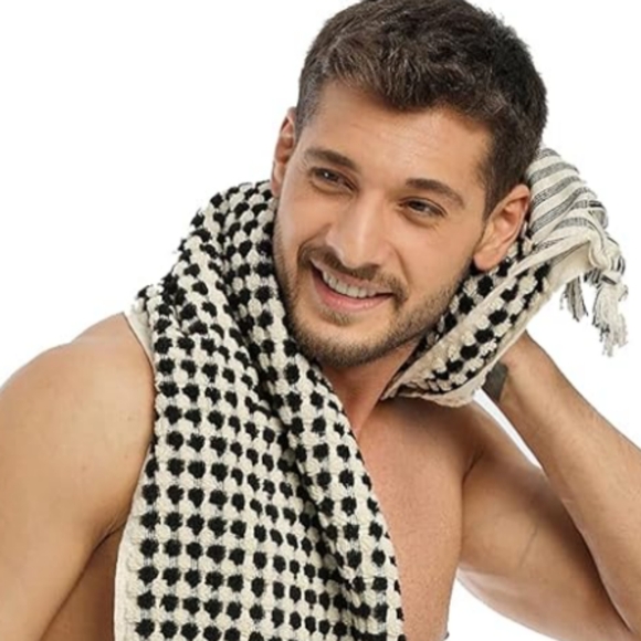 Turkish Cotton Spa Hair Towel Hand Peshtemal Black and White Ivory 36x20 Pom New - Picture 3 of 8